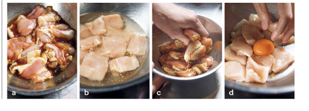2色鶏から揚げの工程写真（a〜d）